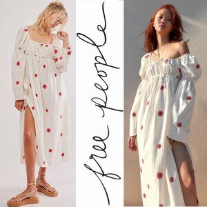 Free People Emory Embroidered Midi Dress Size XS Ivory Cotton Linen Pockets NEW